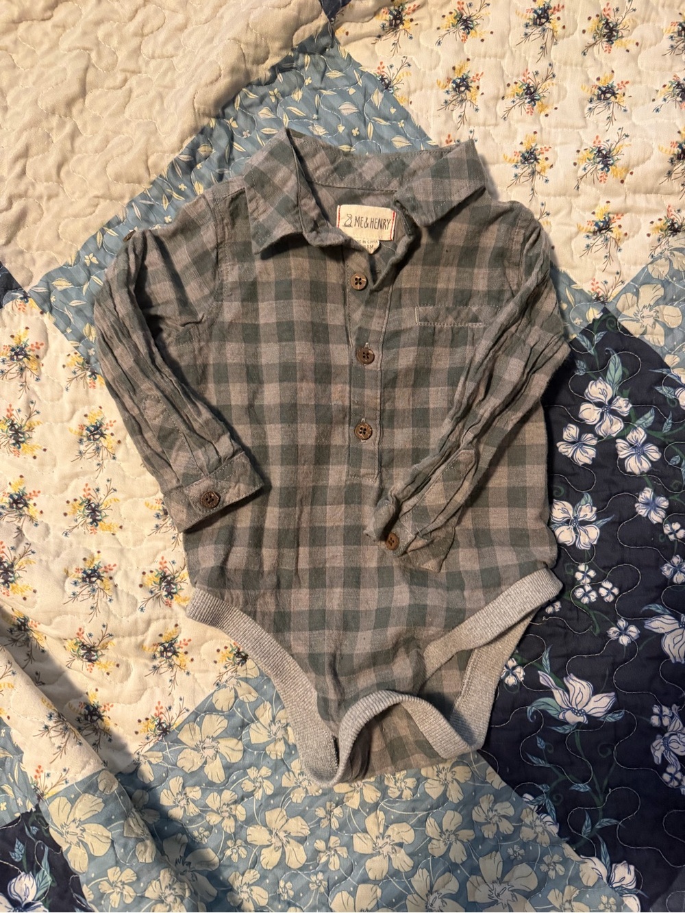 Baby Plaid Button-Front Bodysuit Shirt - Gray Green